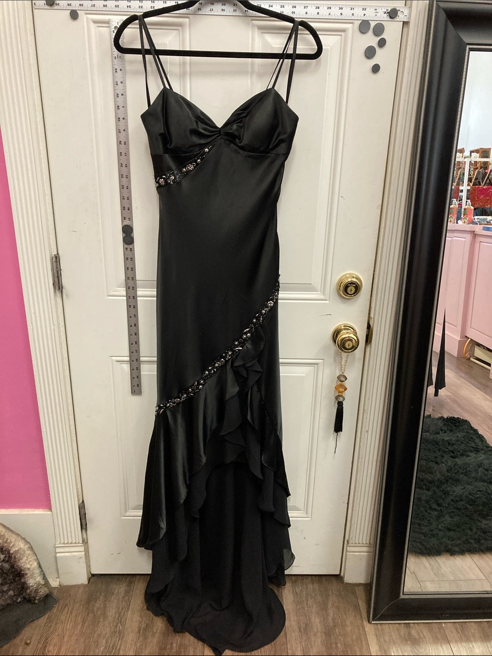 Black Satin Ruffle Evening Gown with Beaded Trim -Pre-loved